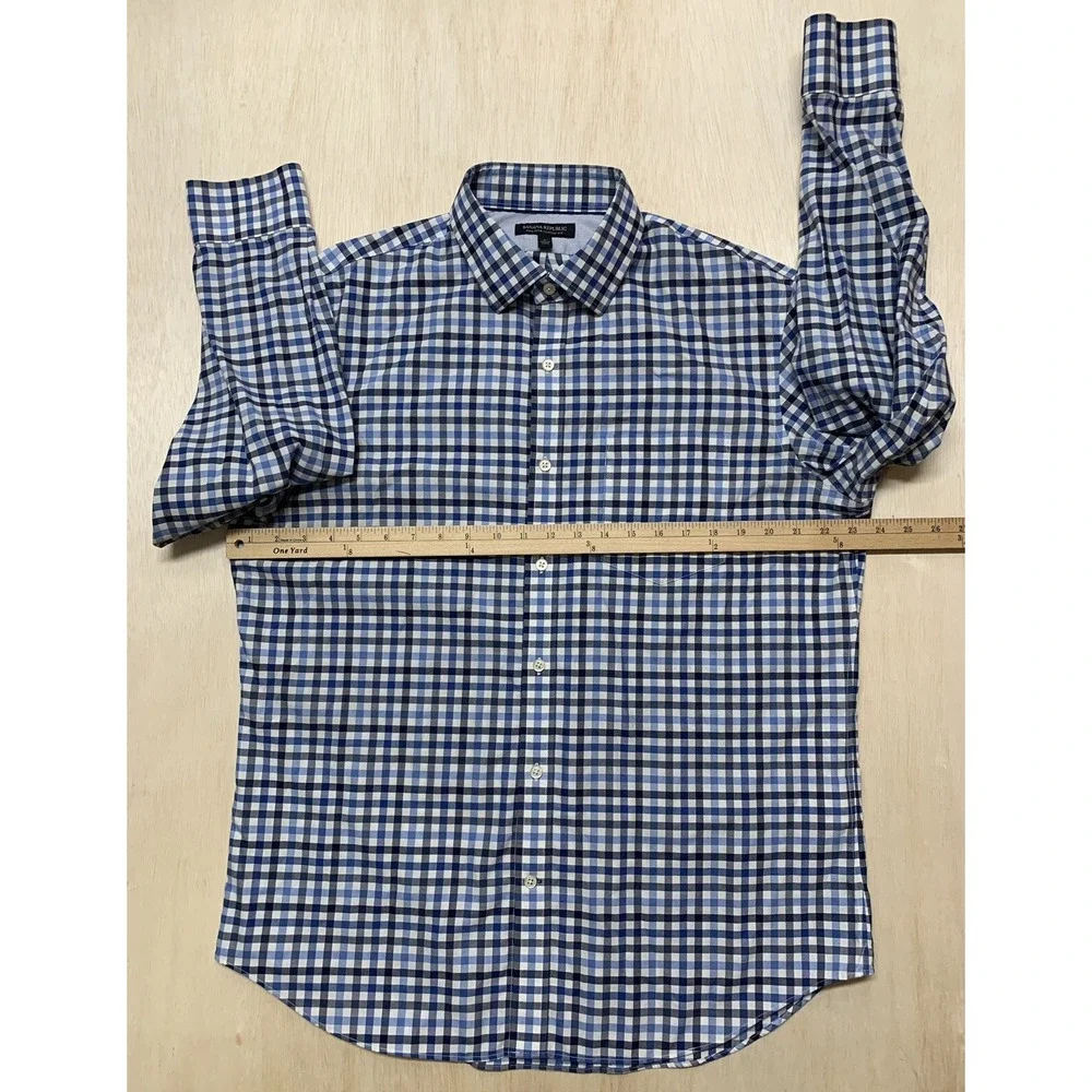 Banana Republic Mens Large Classic Fit Check Long Sleeve Shirt Navy White Non Ir